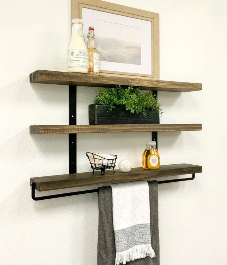 Solid Wood Floating Shelves + Towel Bar