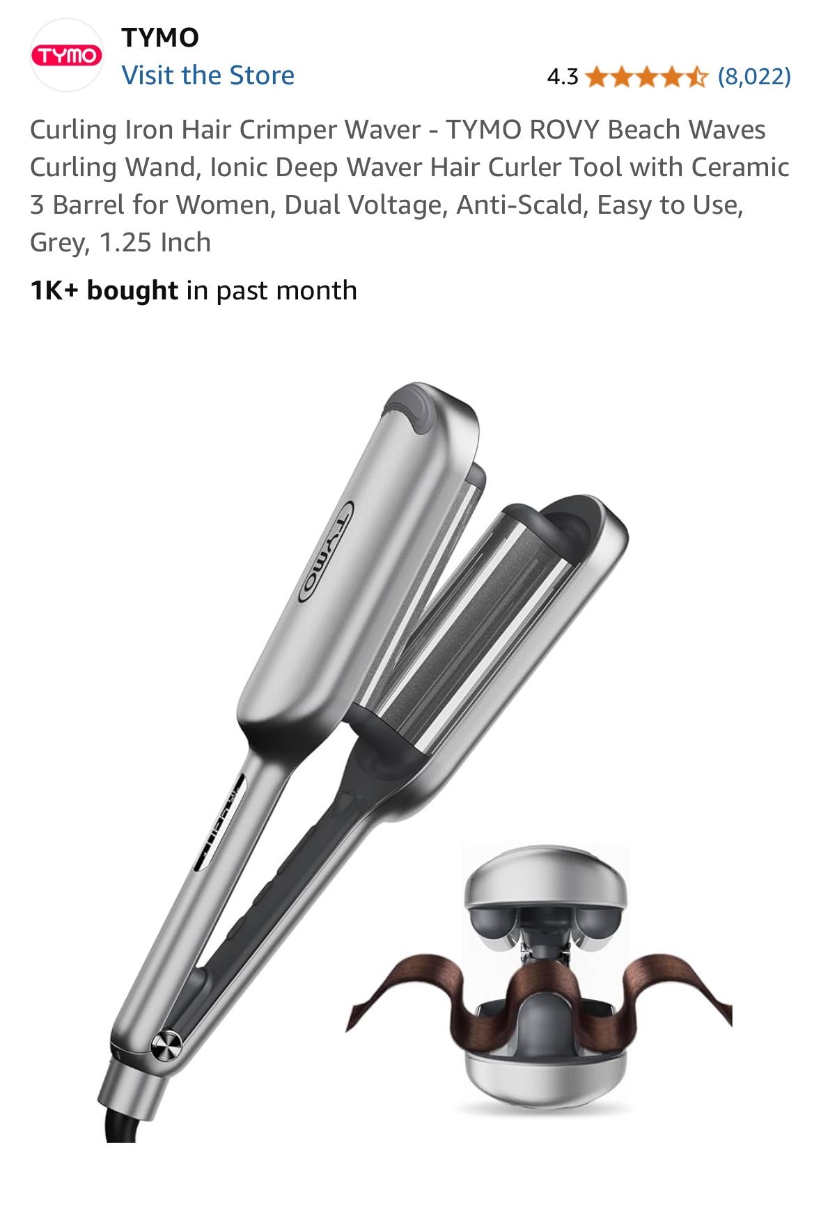 Curling Iron Hair Crimper Waver - TYMO ROVY Beach Waves Curling Wand, Ionic Deep Waver Hair Curler Tool with Ceramic 3 Barrel for Women, Dual Voltage,