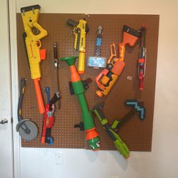 Nerf Wall Gun Holder With Toy Guns And Swords 