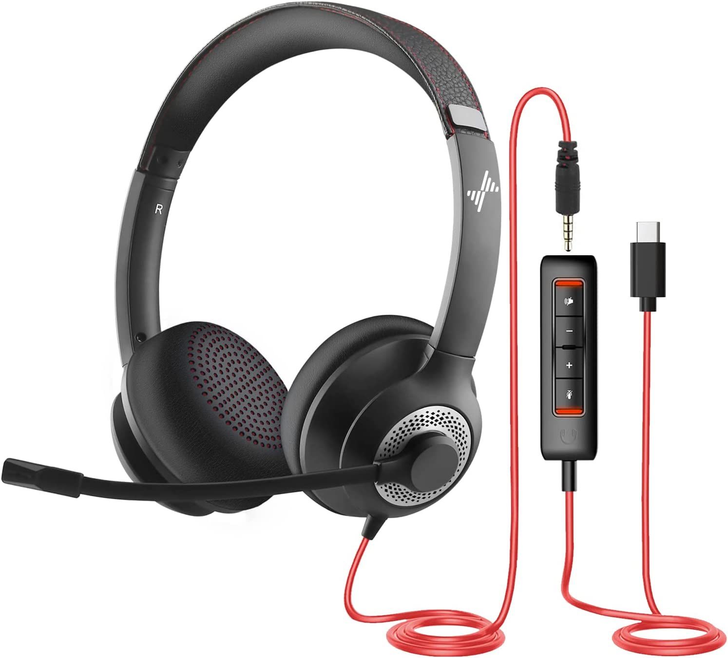 Headset with Microphone for PC Wired Headphones - USB-C On-Ear 3.5mm Headphones with Noise-Cancelling Microphone for Laptop - Computer Headset with Mi