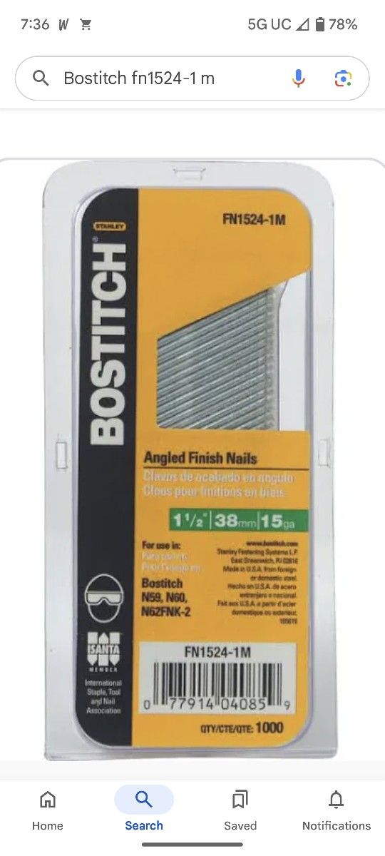 Bostitch 1½",15ga. Angled Finish Nails