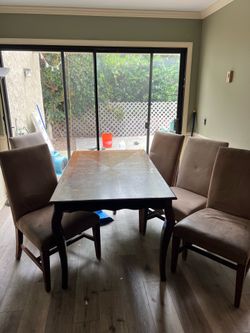 Full Wooden Dining Table with 5 Suede Brown Chairs