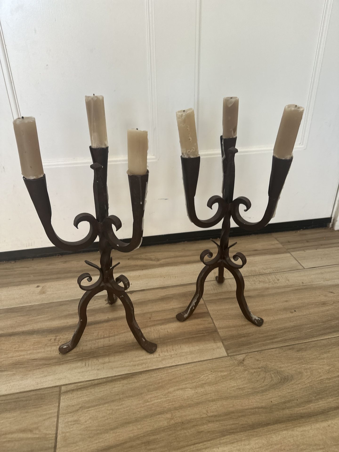 2 Antique Rustic Wrought Iron Three Arm Candle Holder  