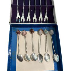 Vintage Set of 6- Silver Tone Cocktail Spoons & forks  with  Gemstones