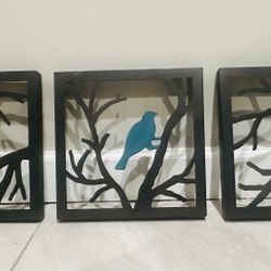 🎨 Set of 3 Framed Metal Wall Art – Colorful Birds on Branches