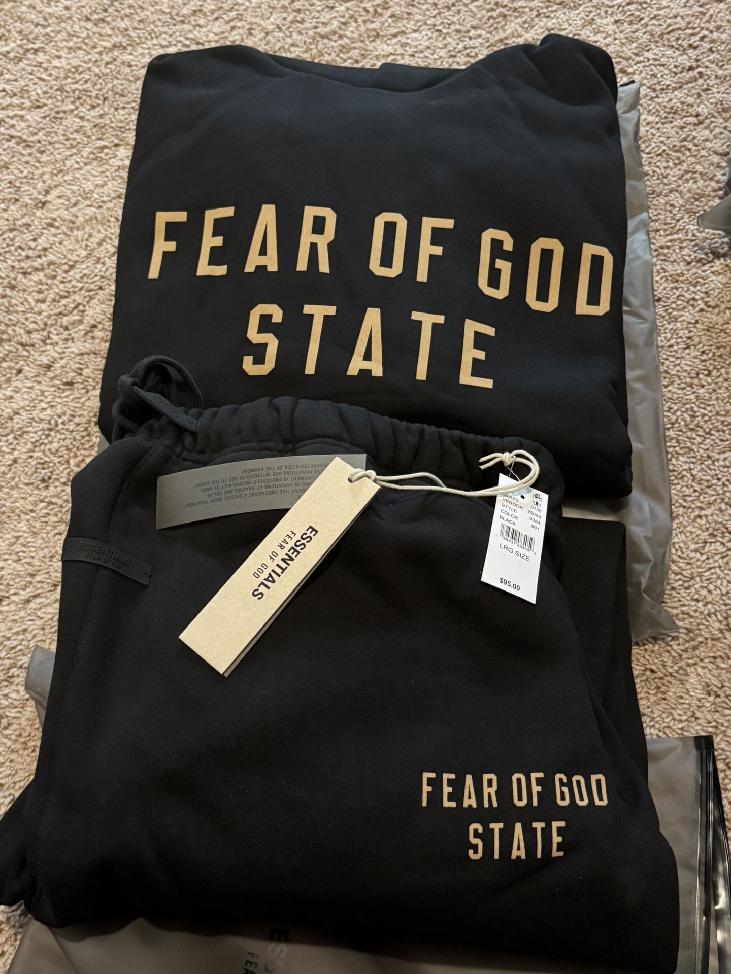 Fear Of God Essentials 2024 Hoodie & Pants With QR code Black With Gold Letters