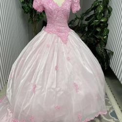 Pink Mori Lee Princess Wedding Dress Ballgown Short Sleeve  Hand Dyed Size 4