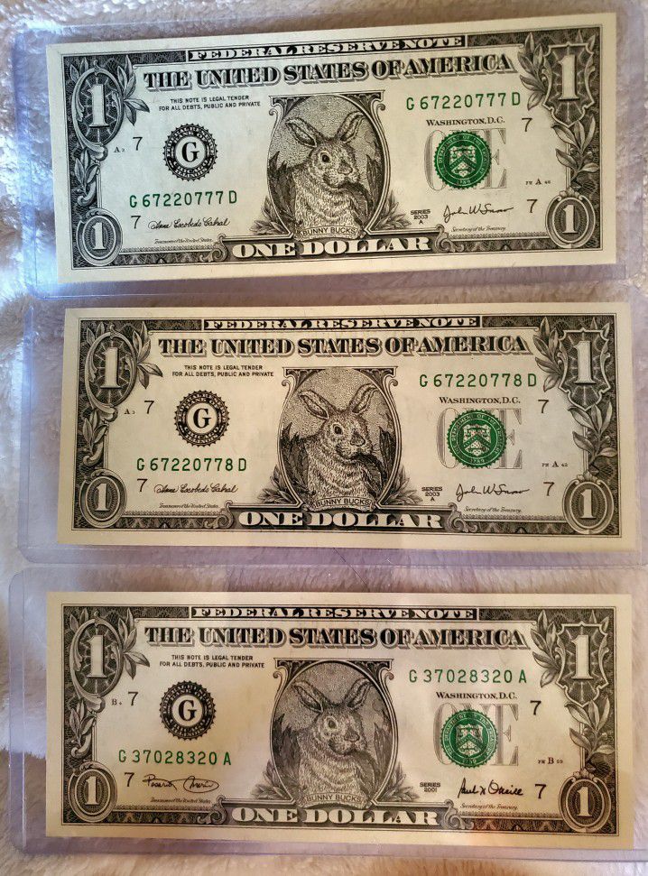 A Set of 3 US $1 Easter Bunny Federal Reserve Note