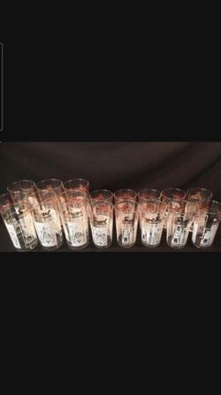 1950s Anchor Hocking glassware Gold n White Pennsylvania Dutch Collection. Tall Tumblers and Juice Glasses.  Antique classics.  SEE FULL AD BELOW