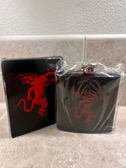 NEW Black Stainless Steel Flask – Flaming Devil Design – Gift Box Included