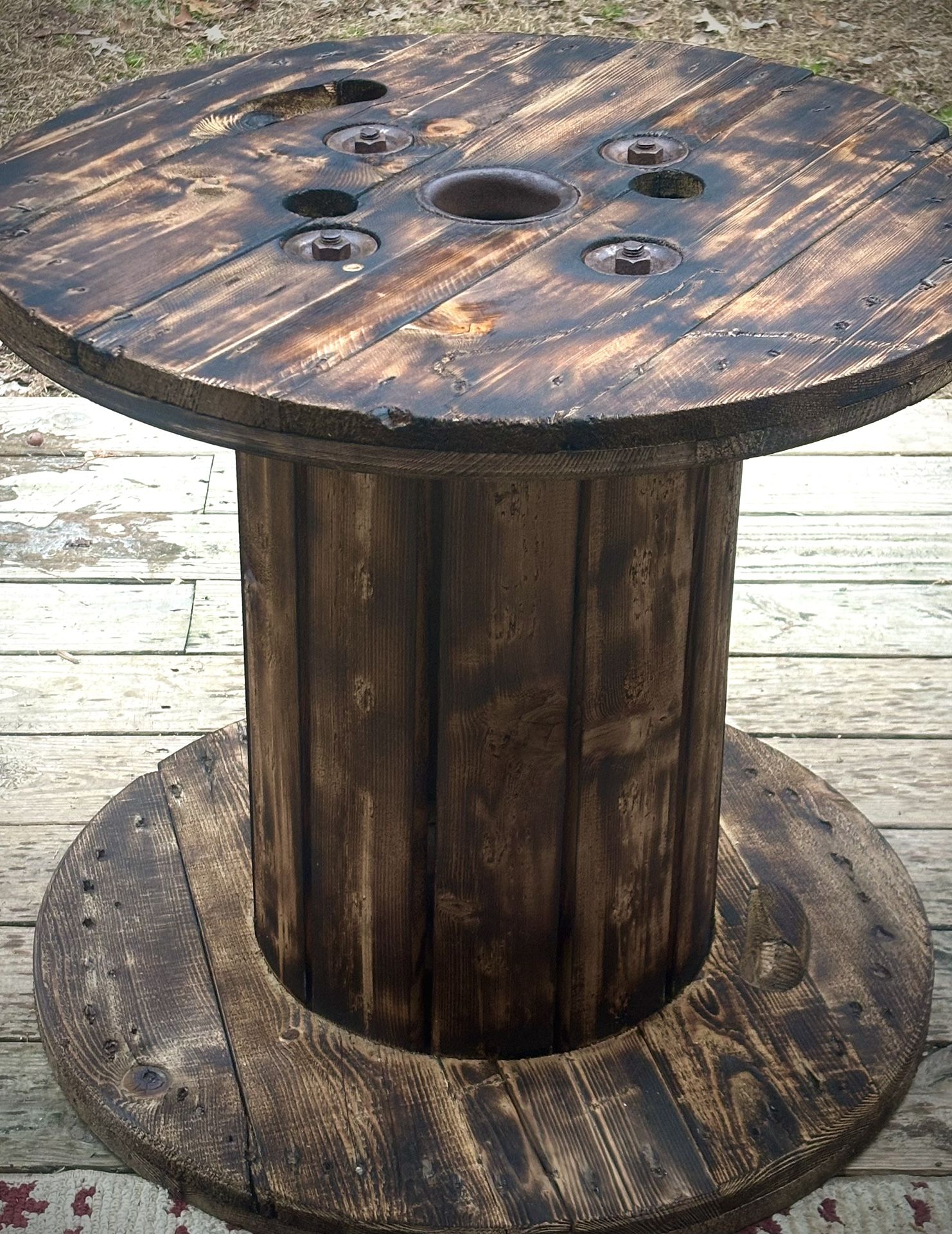 Beautiful Burnt Wood Wire Reel Table (approx 28in Diameter/30in Tall)