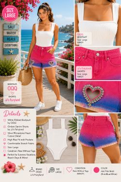 OQQ White Ribbed Bodysuit & JJ’s Fairyland Rhinestone Heart Ombre Shorts Bundle | Size Large | NWOT