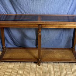 1970s walnut two tier glass top console table