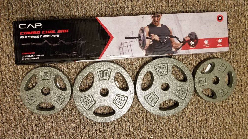 New CAP curl bar dumbbell handles steel plates and 100lbs vinyl set Read Read