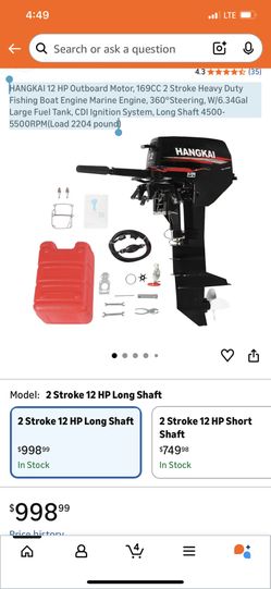 HANGKAI 12 HP Outboard Motor, 169CC 2 Stroke Heavy Duty Fishing Boat Engine Marine Engine, 360°Steering, W/6.34Gal Large Fuel Tank, CDI Ignition Syste