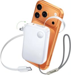 HOU 3 in 1 Portable Power Bank 10000mAh, 35W PD Fast Charging, Retractable USB-C Cable, Foldable Wall Plug, Dual Device Charging, FCC&UL Certified, Co