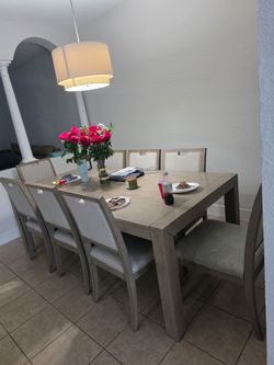 Large 8-Person Dining Table with 8 Upholstered Chairs – 84" × 42"