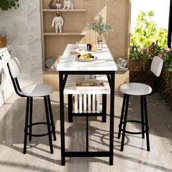3-Piece Bar Table and Chairs Set, Modern White Faux Marble Table with 2 PU Cushion Bar Stools, Kitchen Counter with 3 Tier Storage Shelves, Space Savi