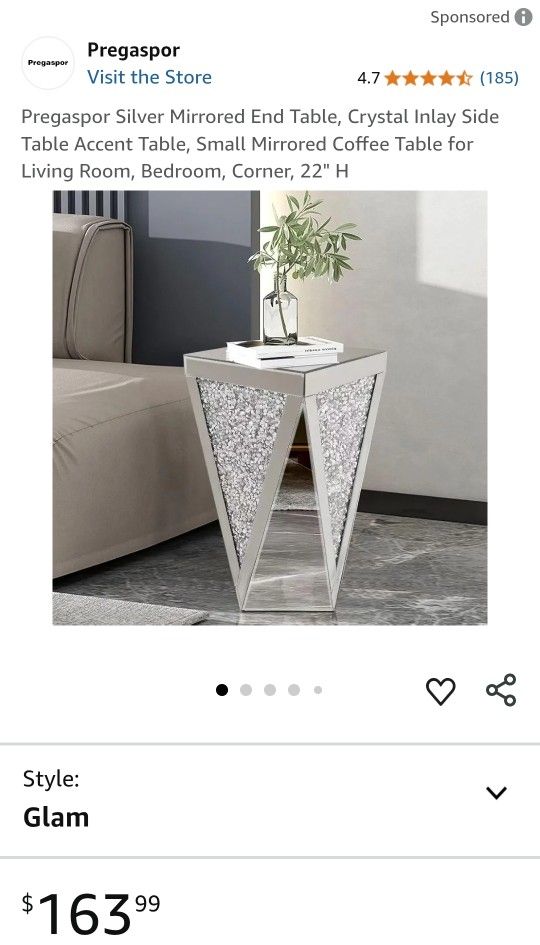 Pregaspor Silver Mirrored End Table, Crystal Inlay Side Table Accent Table, Small Mirrored Coffee Table for Living Room, Bedroom, Corner, 22" H