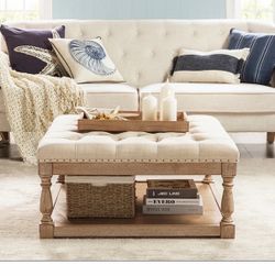 Boyan shelved tufted cocktail ottoman - Linen  Upgrade your living room with this chic and versatile Garonne Shelved Cocktail Button Tufted Ottoman wi