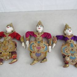 3 Burmese Marionette Handmade Wood Unstrung Puppets Traditional Dress
