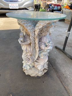 Angel Figurine Side Table with Glass Top