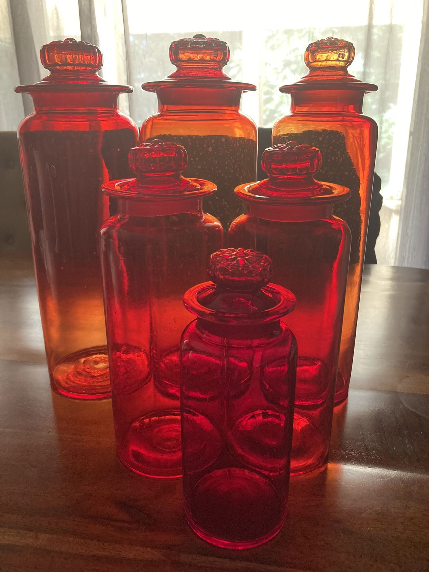 Rare Vintage Set Takahashi MCM Red Orange Glass W/ Daisy Lid