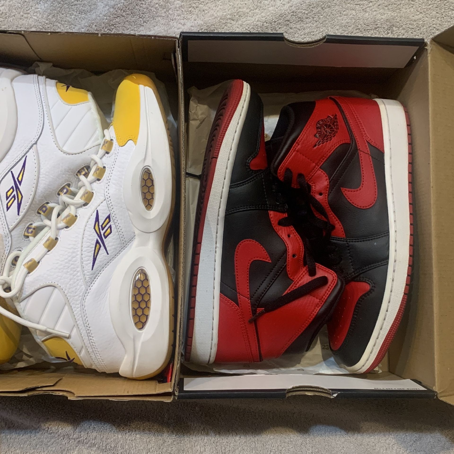 Reebok Question Mid Yellow Toe Size 10/Air Jordan 1 Mid "Alternate Bred"size 9.5/reeboks Worn Once And Jordan 1 Worn Couple Time Both Perfect Conditio