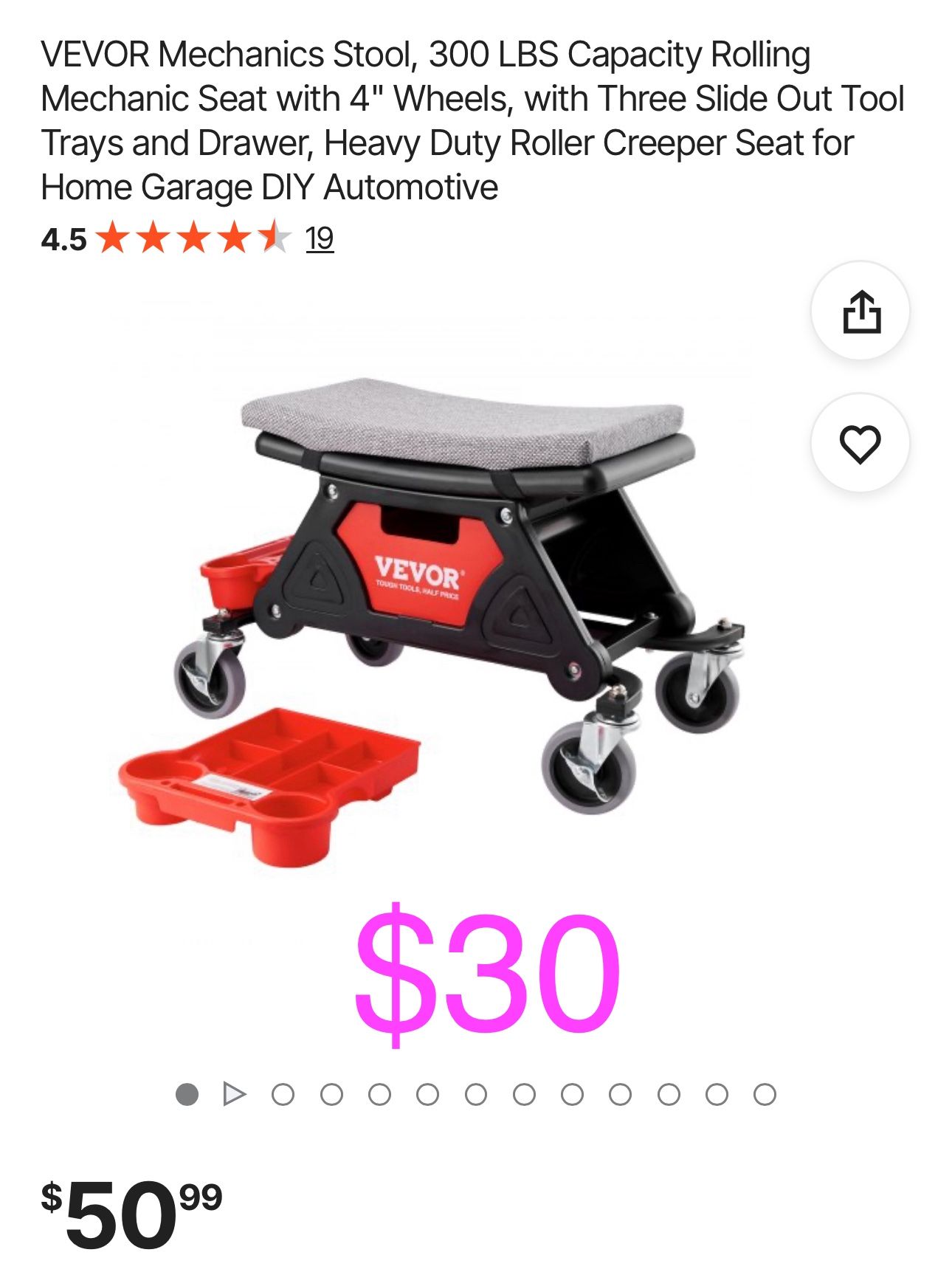VEVOR Mechanics Stool, 300 LBS Capacity