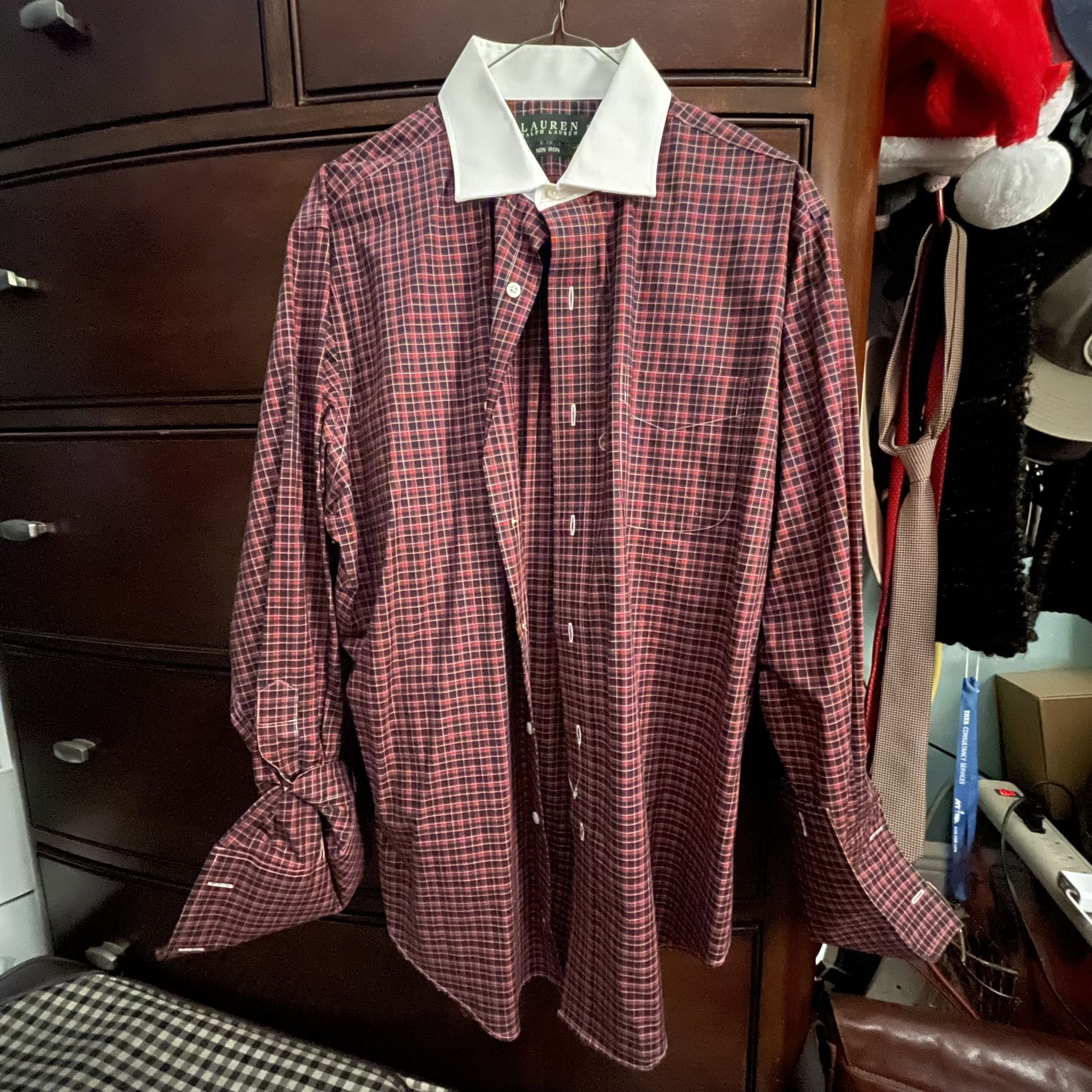 Ralph Lauren White Collar Non Iron Plaid Dress Shirt