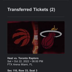 Miami heat Vs Toronto Raptors Tonight 2 Tickets Section 110 Row 33 