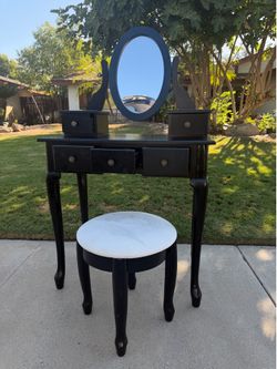 Black Vanity Table Set with Mirror and Stool