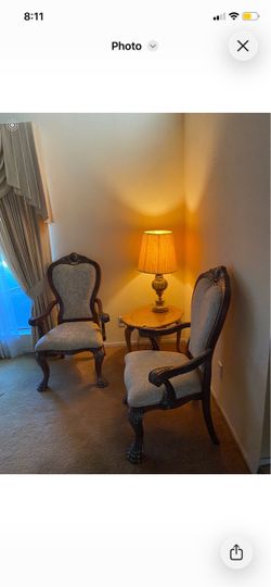 TWO ANTIQUE ARM CHAIRS SIDE TABLE & LAMP