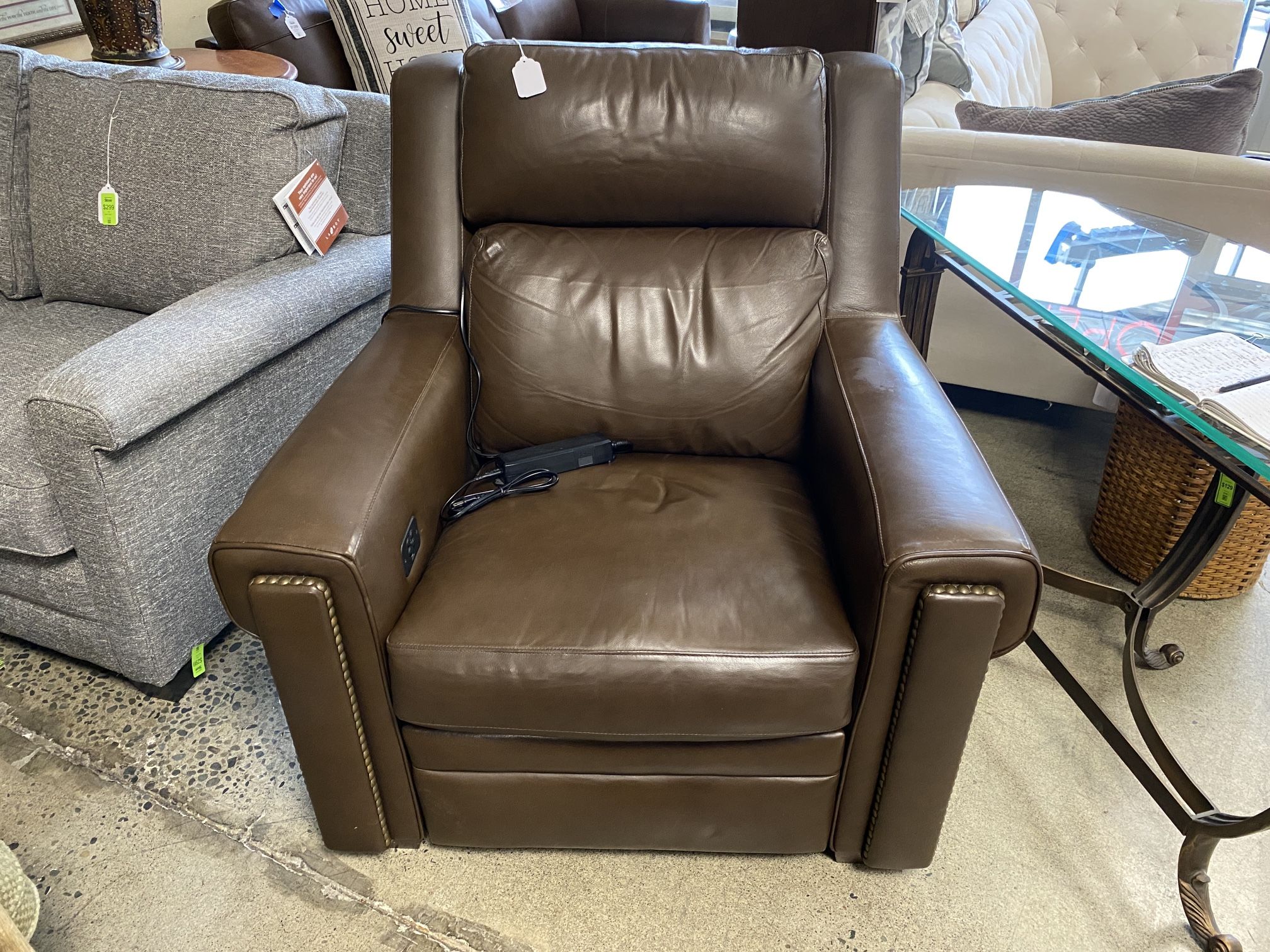 BRADINGTON YOUNG Brown Leather Nailhead Power Reclining Arm Chair