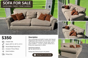 Beautiful Beige 3-Seat Sofa with Throw Pillows