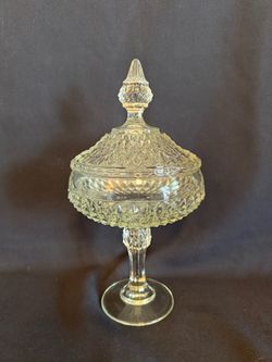 Vintage Pressed Glass Diamond Pattern Pedestal Candy Dish with Lid