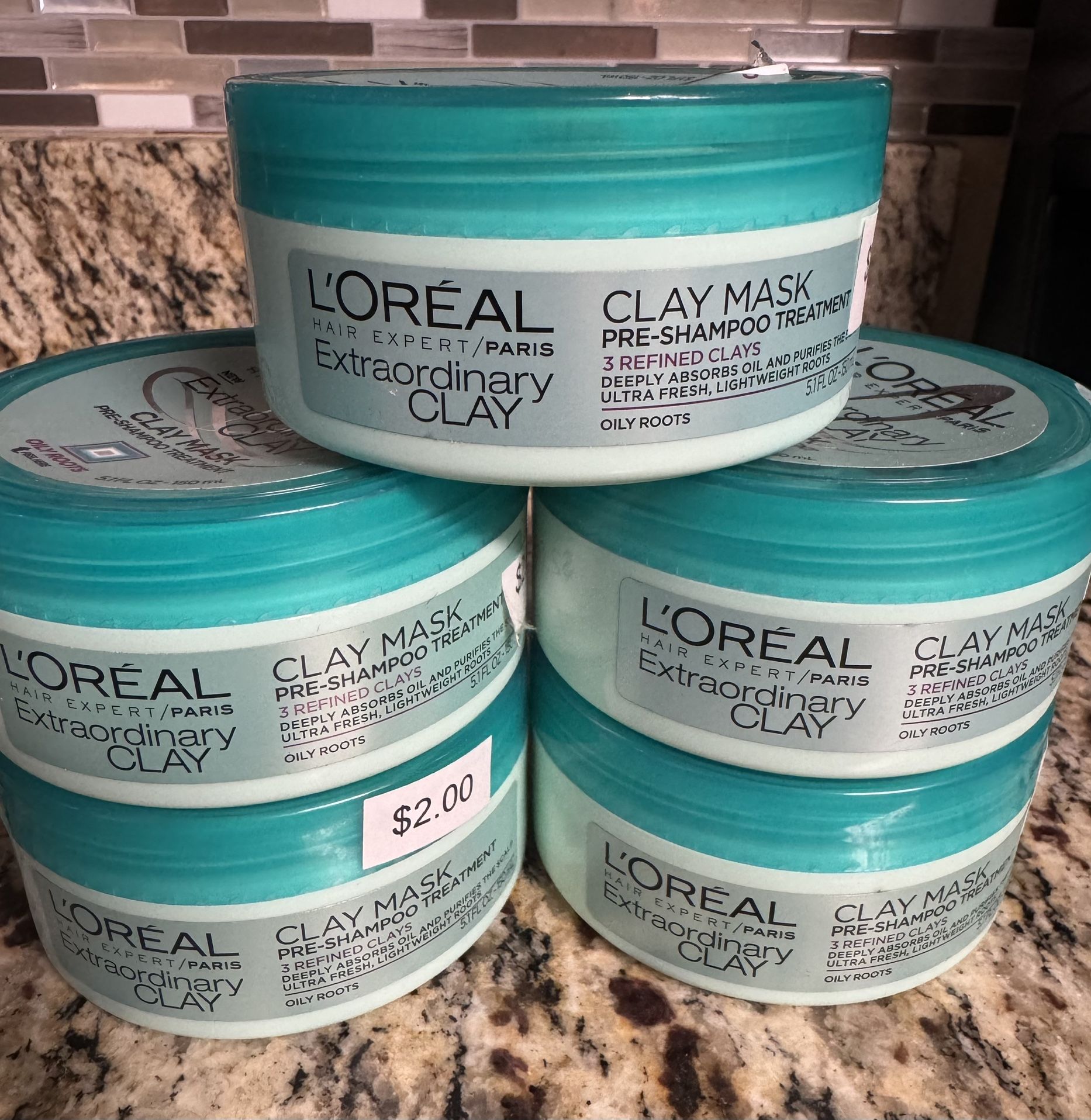 Set of FIVE (5) Brand New L'Oreal Paris Extraordinary Clay Mask Pre-Shampoo Treatment 5.1 Fl Oz
