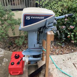 Evinrude 15, gas tank, bunny ears, rolling outboard motor stand. 
