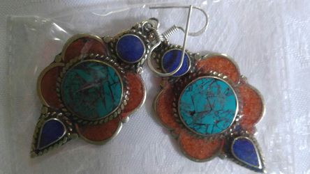 Genuine Turquoise, Coral Sterling Earrings