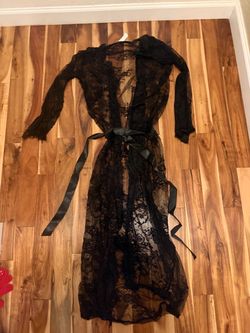 Black Sheer Lace Maxi Robe with Satin Belt