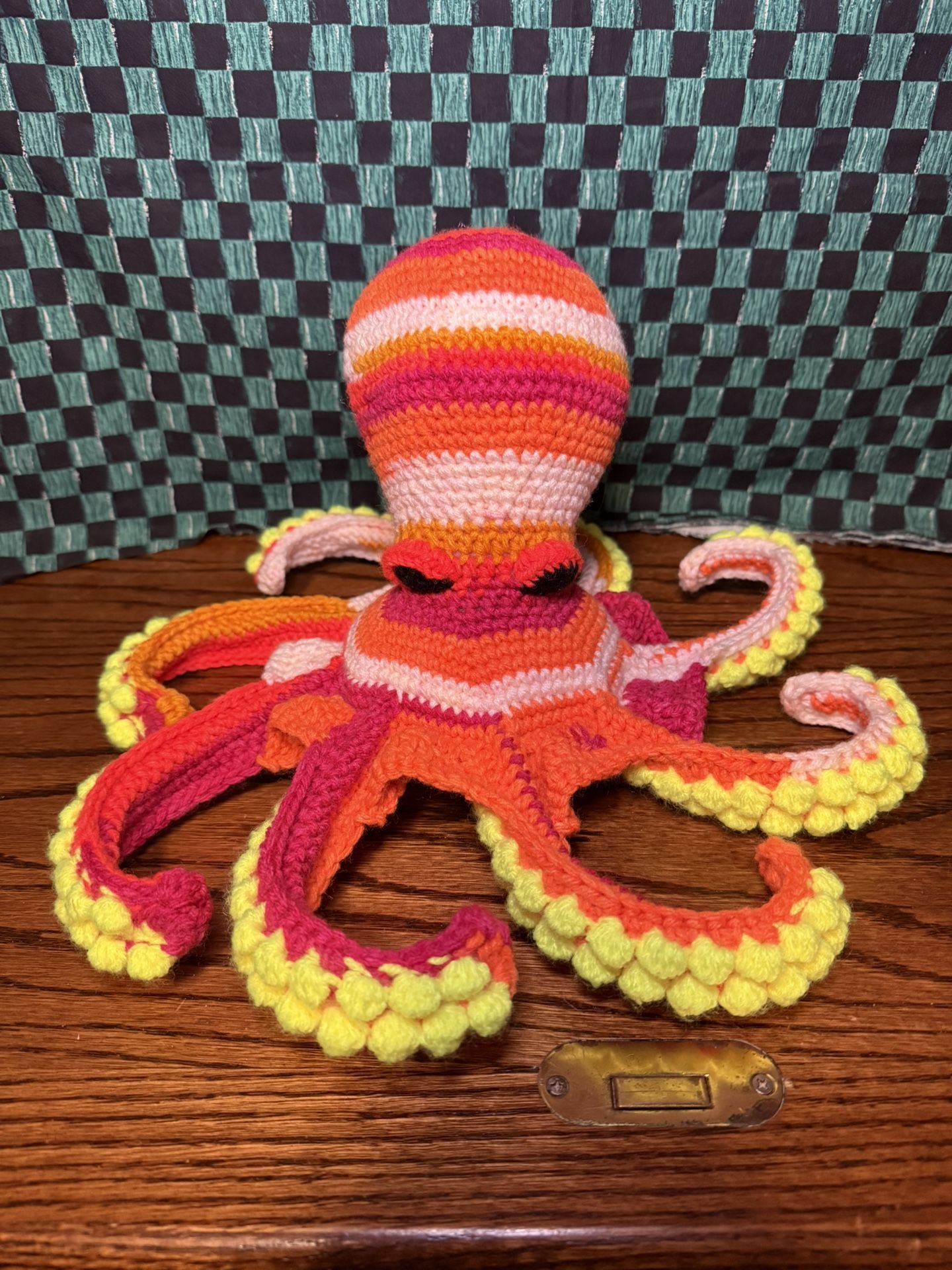 Crocheted Octopus Stuffed Animal Plushie Gift toy bright multicolored yellow orange pink white