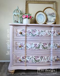 Floral refinished 3 drawer chest of drawers dresser