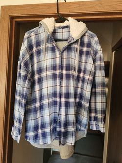 Plaid and gray button-up flannel with insulated hood