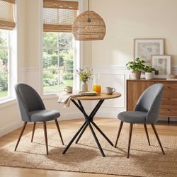 Homy Casa FONTANA+HAVEN 3PC Dining Set 31.5” Round Table with 2 Haven Grey Fabric Chairs Walnut Finish Legs