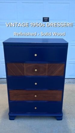 Refinished 1950s Solid Wood Dresser – Navy + Natural Wood – Vintage Modern