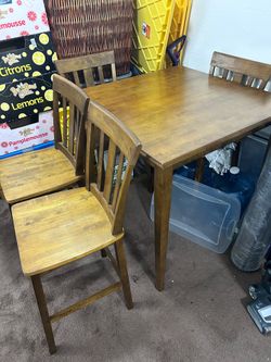 5-Piece Mainstays Mission Counter Height Dining Set only, Solid Wood, Cherry Color for Indoor-bought two months ago,slightly used and still looks new.
