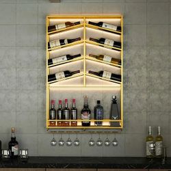 Industrial Metal Wall Mounted Gold Wine Rack with Glass & Bottle Rack