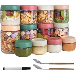 12Pack Overnight Oats Containers with Lids, 16oz, 8oz & 4oz Glass Jars with Airtight Lids, Wide mouth Mason Salad jars, Glass Food Storage Containers 