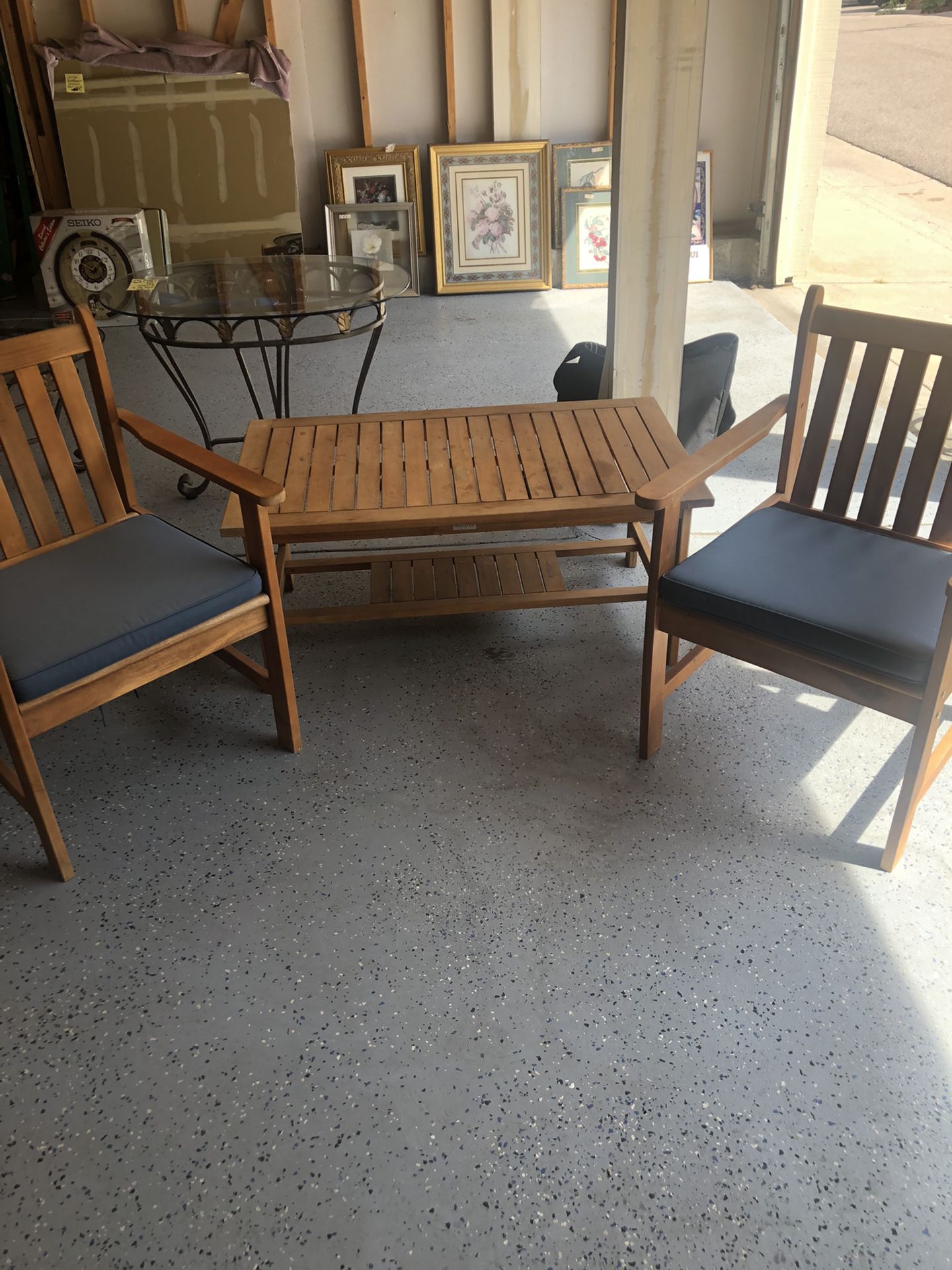 Outdoor patio wood table and chairs