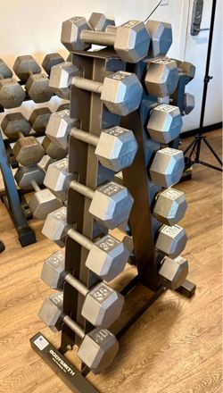 Hex Cast Iron Dumbbells in NEW Condition pairs from 10s to 40s. Total: 350 lbs [NO RACK INCLUDED]
